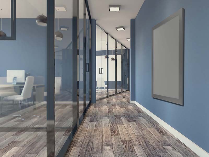 Renovated office hallway with glass partitions and wood flooring