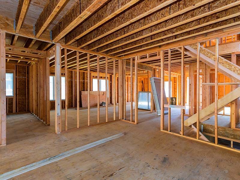 Interior wood framing during residential new construction
